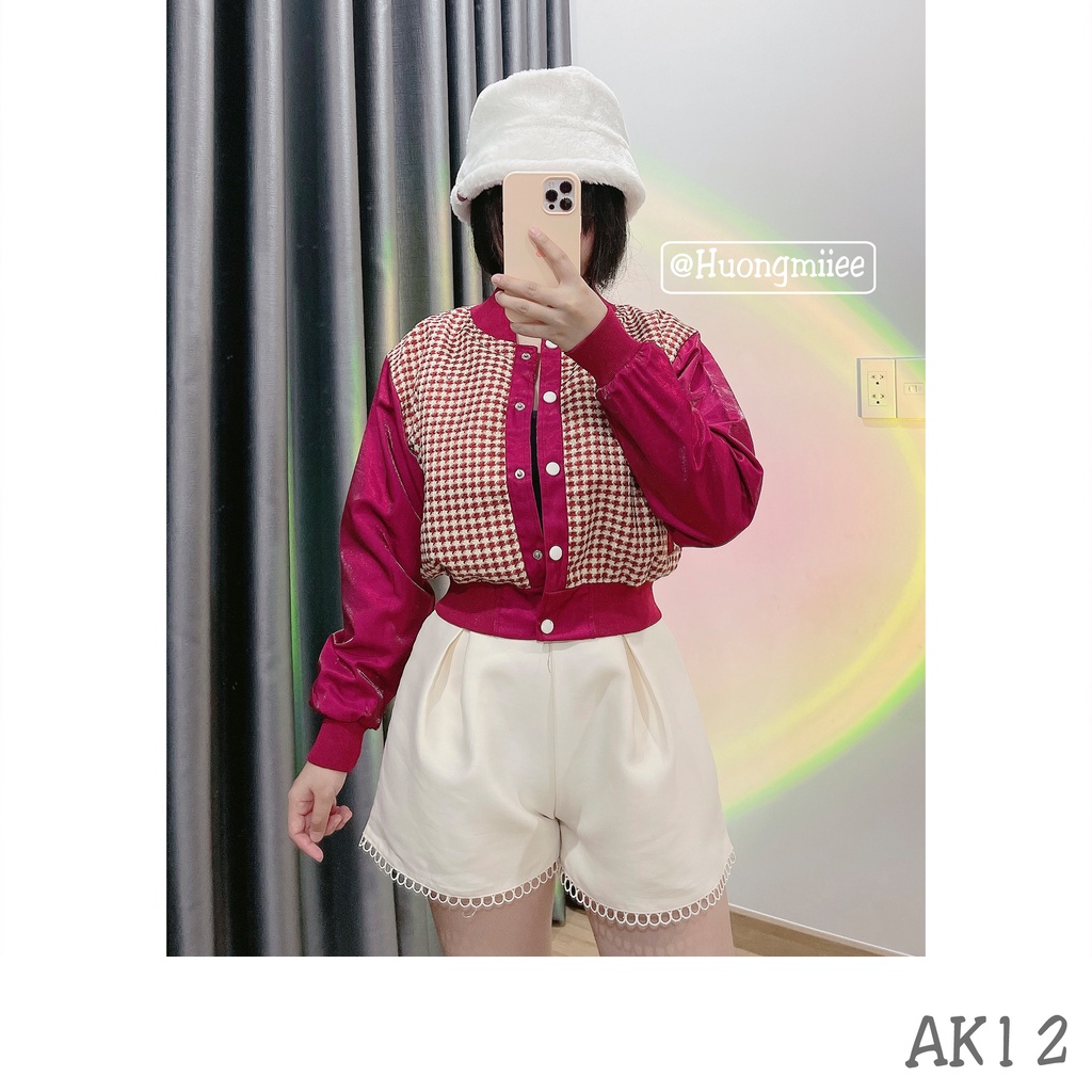 AK12(Hình thật) Áo khoác croptop bomber bóng chày CARO, ôm form cá tính, 2 lớp, có túi trong, dễ phối đồ, khóa nút bấm