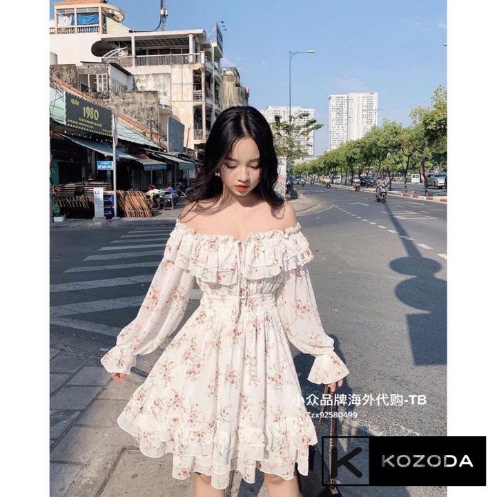 Váy Hoa Nhí Đầm Voan vintage Dáng Dài đẹp trễ vai bèo dài tay chun eo dáng xòe có lớp lót Quảng Châu kozoda d16 | BigBuy360 - bigbuy360.vn