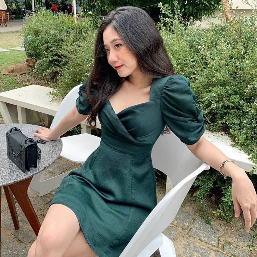 Đầm dự tiệc tay phồng phong cách tiểu thư cổ chéo hở lưng cực sexy tôn dáng cho nàng đi chơi sang trọng