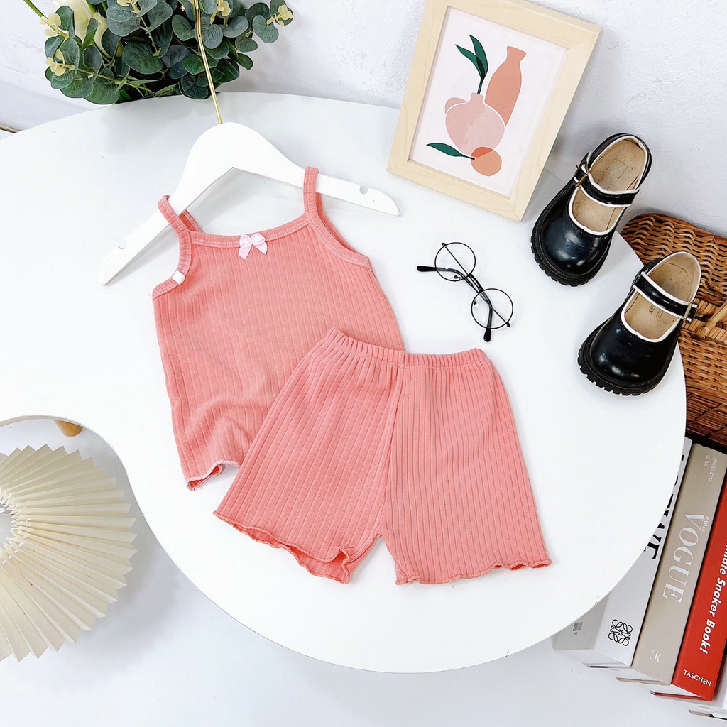 Bộ quần áo bé gái, Set bộ áo hai dây và quần short sọc tăm chất thun cotton cho bé từ 7 đến 18 kg, SUN KID'S