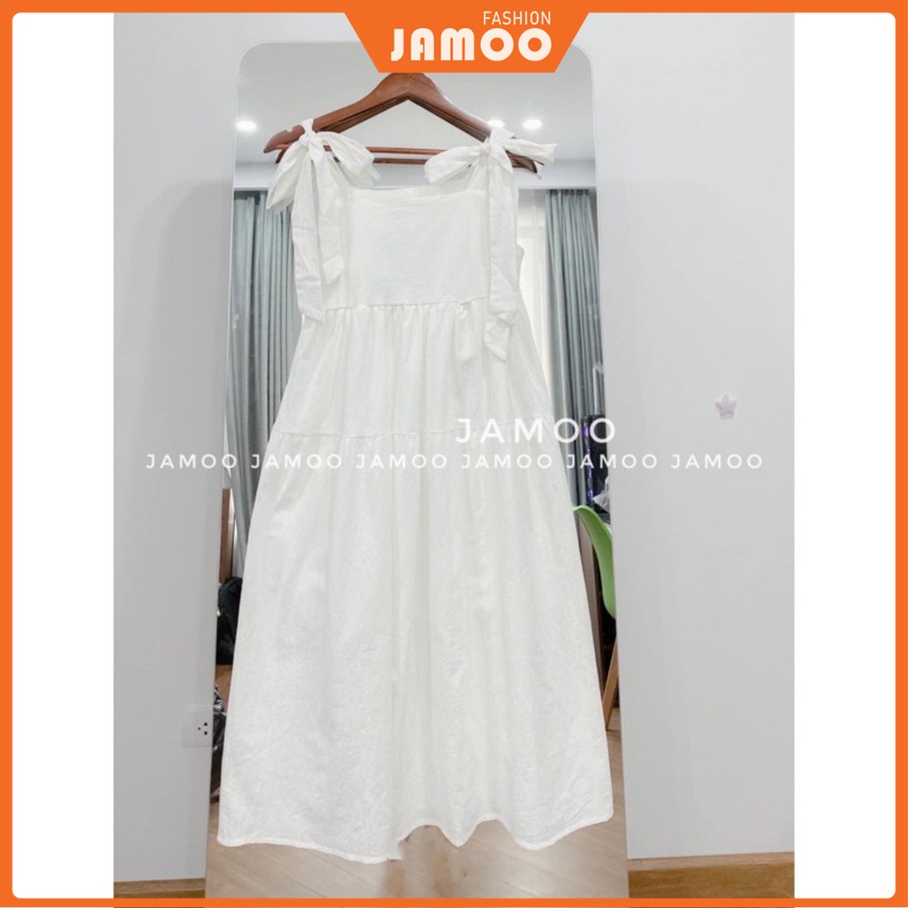 Đầm thô Babydoll Ulzzang dáng dài_ Váy hai dây buộc vai Jamoo( hàng có sẵn)