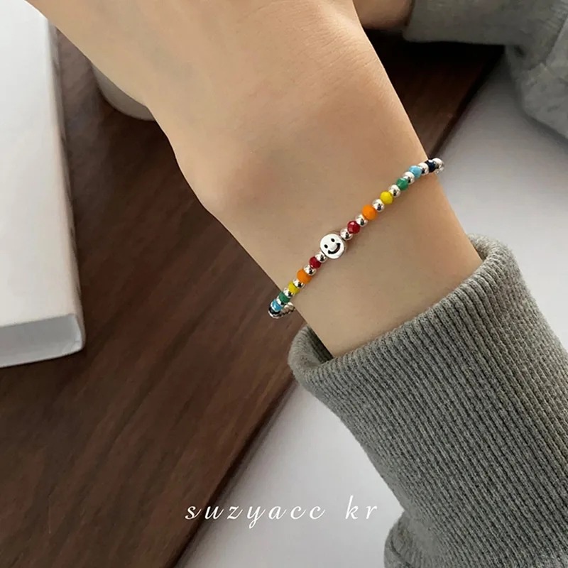 Vòng Tay Chuỗi Hạt Co Giãn Đính Mặt Cười/Trái Tim/Gấu Màu Cầu Vồng Phong Cách Hàn Quốc Cho Nữ