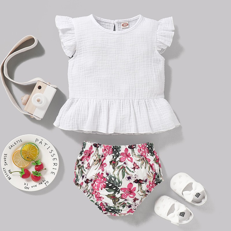 mikrdoo Toddler Infant Baby Girl Clothes Set White Fly Sleeve Top + Floral Short 2PCS Fashion Suit