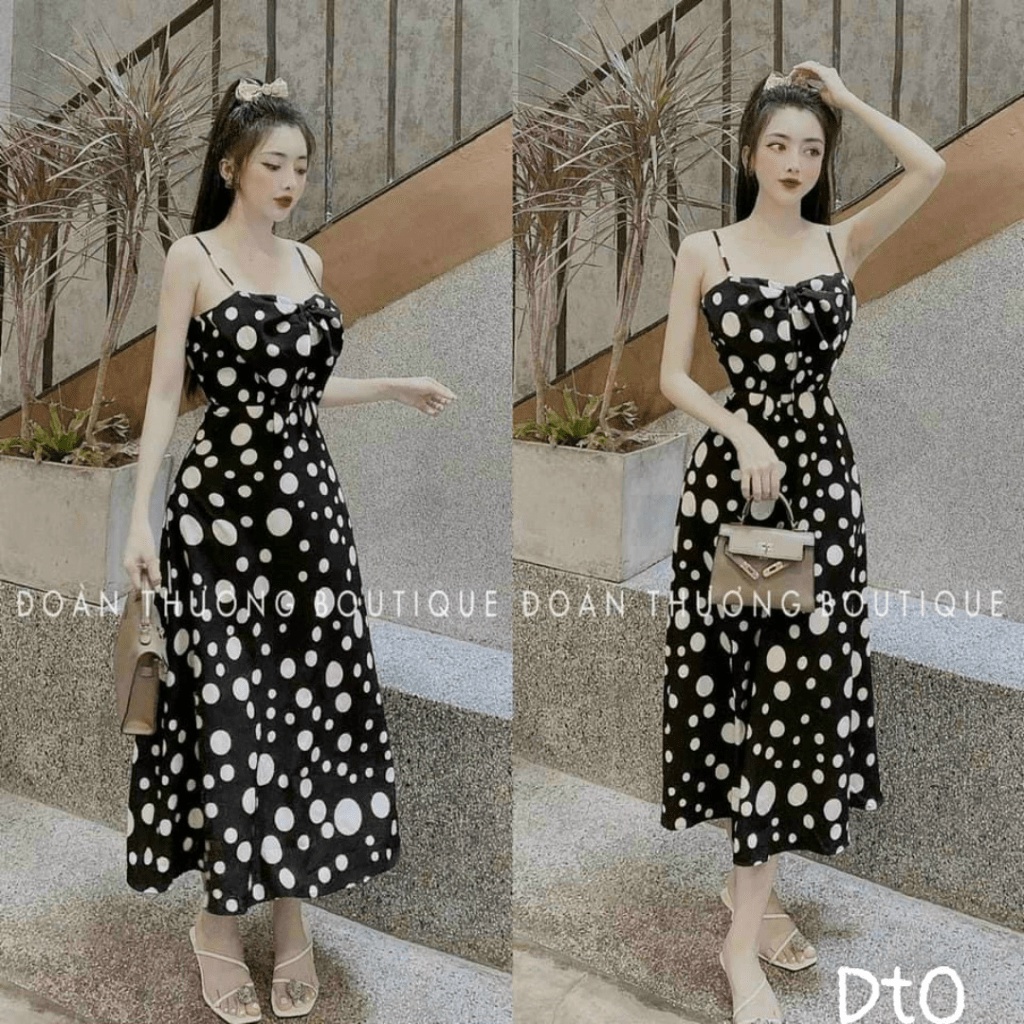 (MẪU MỚI) Đầm suông lụa hai dây chấm bi to nhỏ xen kẽ hài hòa xinh xắn đáng yêu HHP FASHION