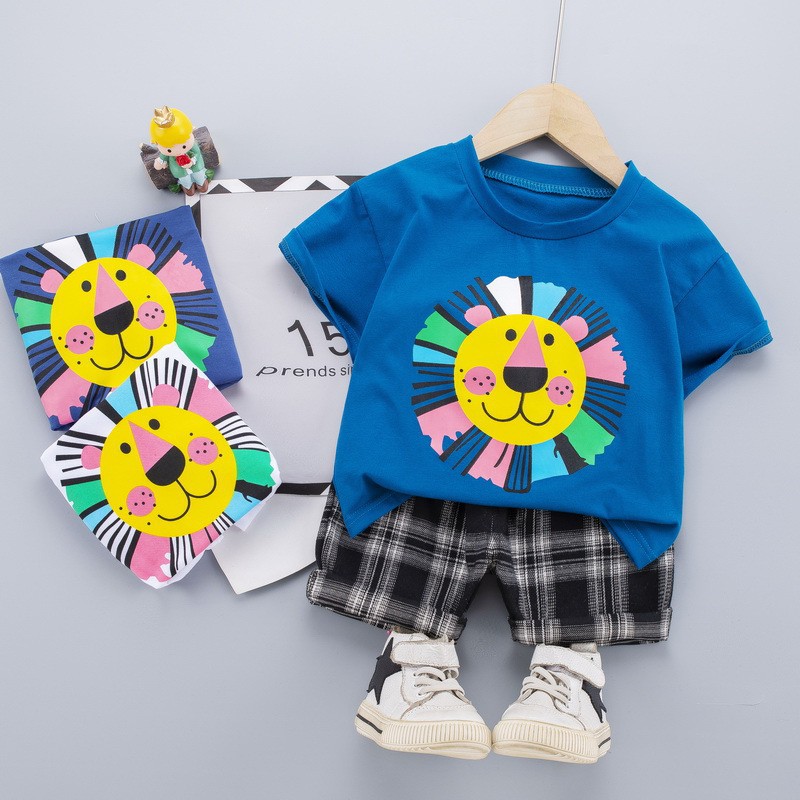 Set Áo Thun Bé Trai Áo Phông Bé Trai Áo Thun Cotton Trẻ Em Hình Sư Tử Quần Caro Cho Bé Trai Size Từ 1 - 4 Tuổi-S1150