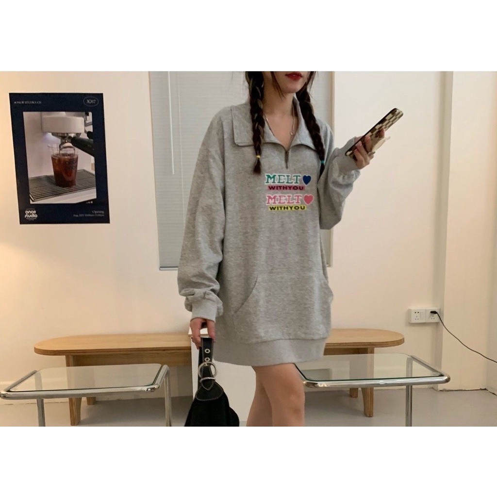 Áo sweater dáng rộng thêu chữ phối khóa kéo thời trang mùa thu phong cách Hàn Quốc cho nữ 2021