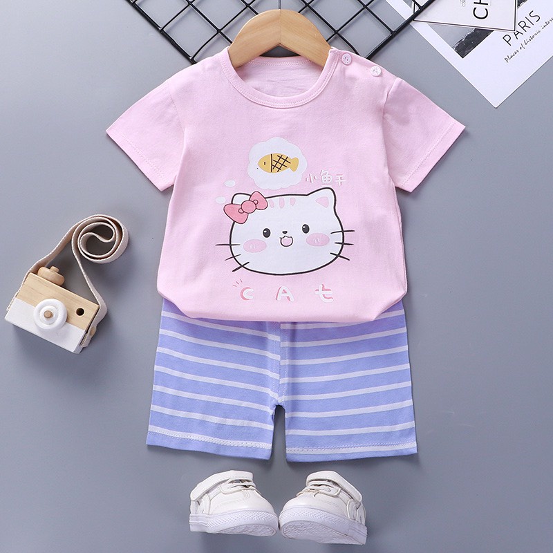 Bộ quần áo cộc bé gái in hình cute cotton mềm mát BC05 - BÉ NHÀ THỊ