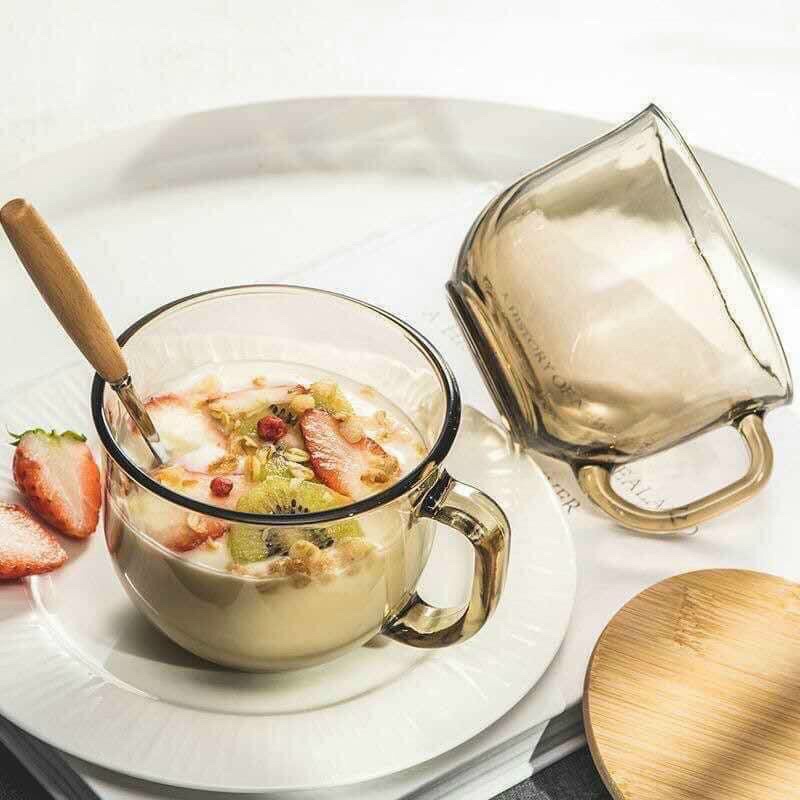 Set 2 ly thủy tinh có quai màu hổ phách, cốc thủy tinh uống sữa ăn salads 470m