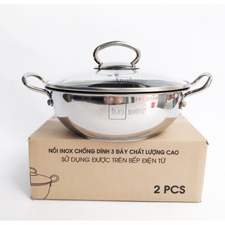 Nồi inox kho cá thịt chống dính bếp từ Fivestar ( 22cm/18cm / 20cm ) nắp kính , 3 đáy , inox 430