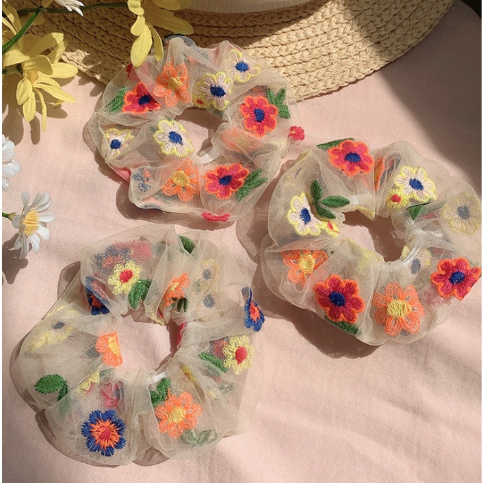 Dây buộc tóc thêu hoa ngũ sắc tinh tế vòng lớn Scrunchies HD54