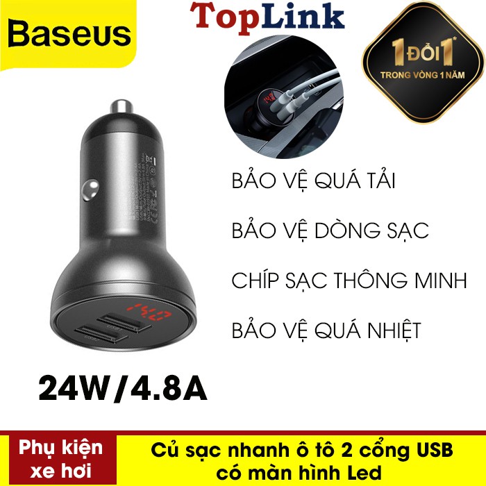 Tẩu Sạc Điện Thoại Mini Baseus Trên Xe Hơi, Củ Sạc Nhanh Ô Tô 2 Cổng USB 24W / 4.8A - TopLink