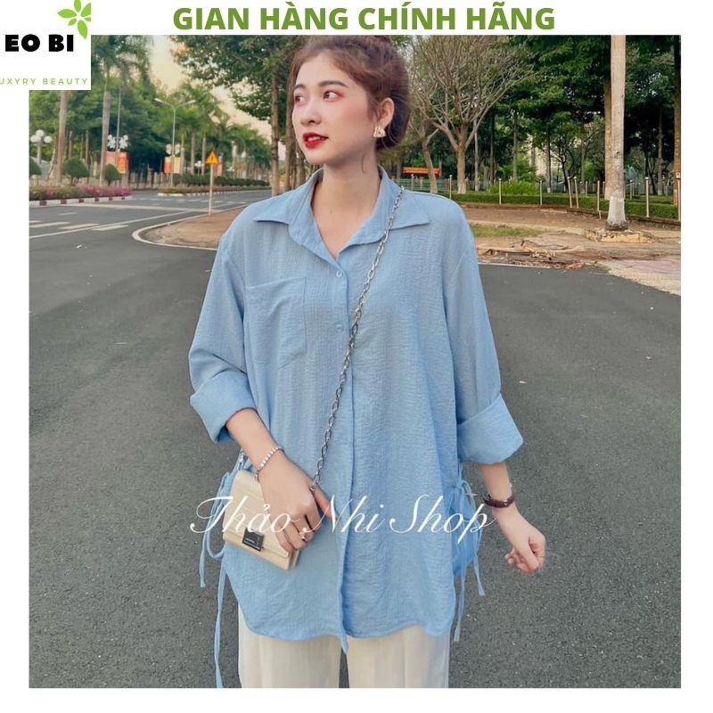 Set Áo sơ mi nữ xanh ngọc rút eo  kèm quần tây vải ống suông mầu trắng cực xinh thanh lịch ulzzang -EOBI | BigBuy360 - bigbuy360.vn