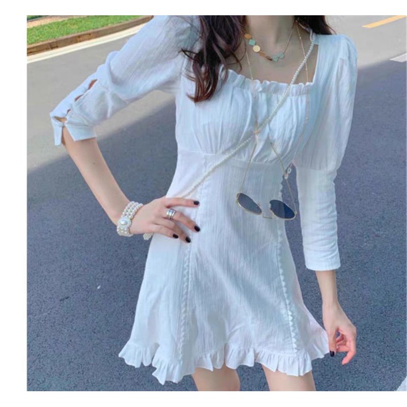 [Sẵn ảnh thật]_Đầm trắng cổ vuông tay lỡ nút ngọc ulzzang hàn quốc siêu phẩm | BigBuy360 - bigbuy360.vn