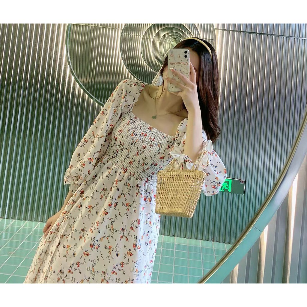 Váy Maxi, Đầm Maxi Hoa Nhí Thân Chun Tay Bồng Xẻ Tà Phong Cách Ulzzang Hàn Quốc