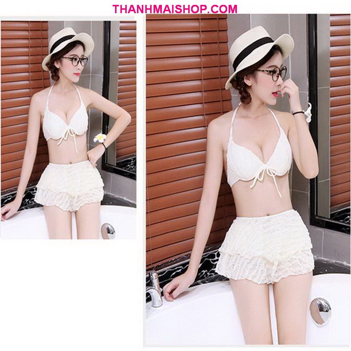 Đồ bơi bikini DB016 vải ren gồm áo ngực + quần short + váy ren gân xòe 2 tầng nữ tính