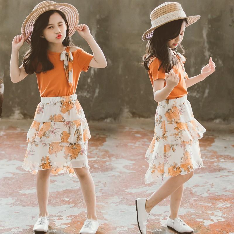 Set áo thun tay ngắn &amp; váy hoa chiffon cho bé gái