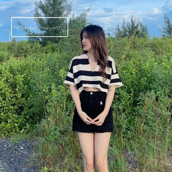 Áo len dệt kim croptop , áo croptop cổ v kẻ sọc đơn giản PLA82 | BigBuy360 - bigbuy360.vn