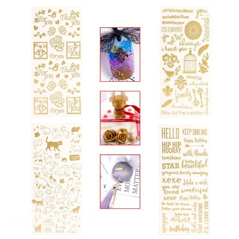 Bộ 4 Miếng Dán Epoxy Resin Trong Suốt In Họa Tiết Chữ Và Hoa Hồng Vàng Dùng Làm Trang Sức Thủ Công Diy