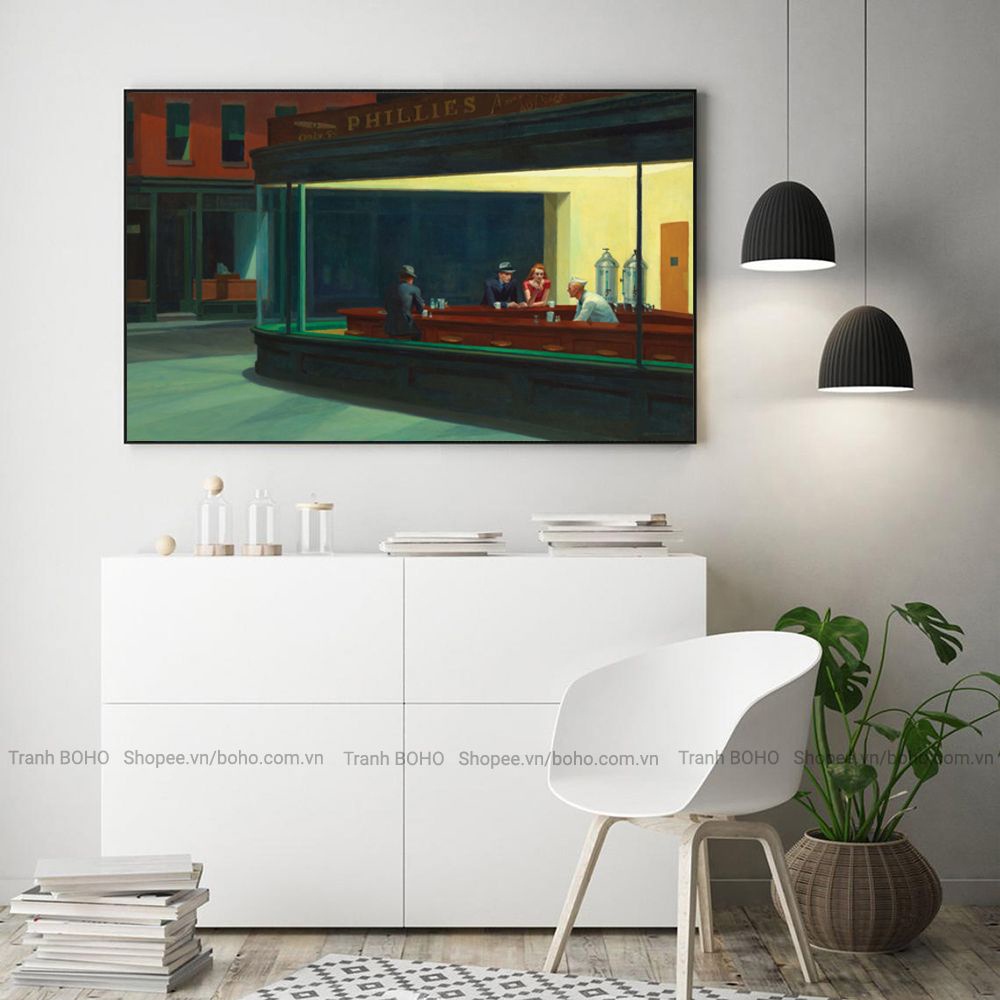 Tranh Nighthawks của Edward Hopper - Tranh Canvas Decor treo tường - Tặng đinh 3 chân treo tranh, BH