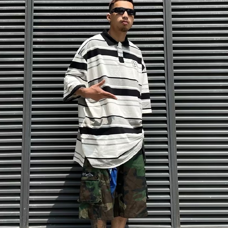 Áo Thun POLO Ngắn Tay Form Rộng Họa Tiết Kẻ Sọc Phong Cách Hiphop Đường Phố Hàn Quốc