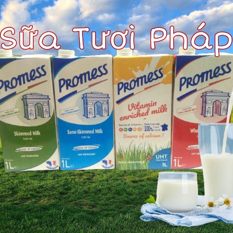 PHÚ NHUẬN Hộp 1L Sữa Tươi Nguyên Kem- Ít Béo - Tách Béo PROMESS Nhập Khẩu Pháp.