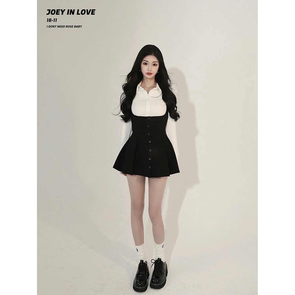 [Jey] &lt; Won't Be Obedient} Đầm Tay Dài Cổ polo Dáng Chữ a Thời Trang Mùa Xuân