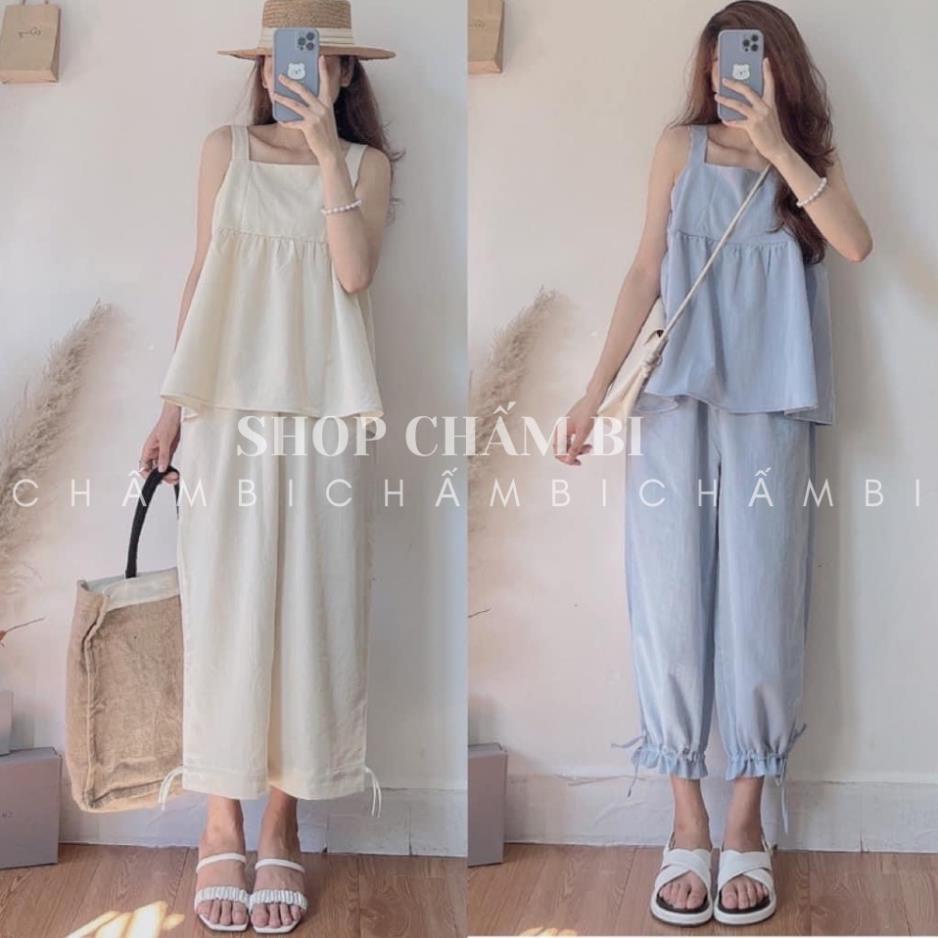 Set đồ nữ đi chơi S.059, Set áo kiểu nữ babydoll hai dây và quần dài rút ống (có thẻ mặc được 2 kiểu)