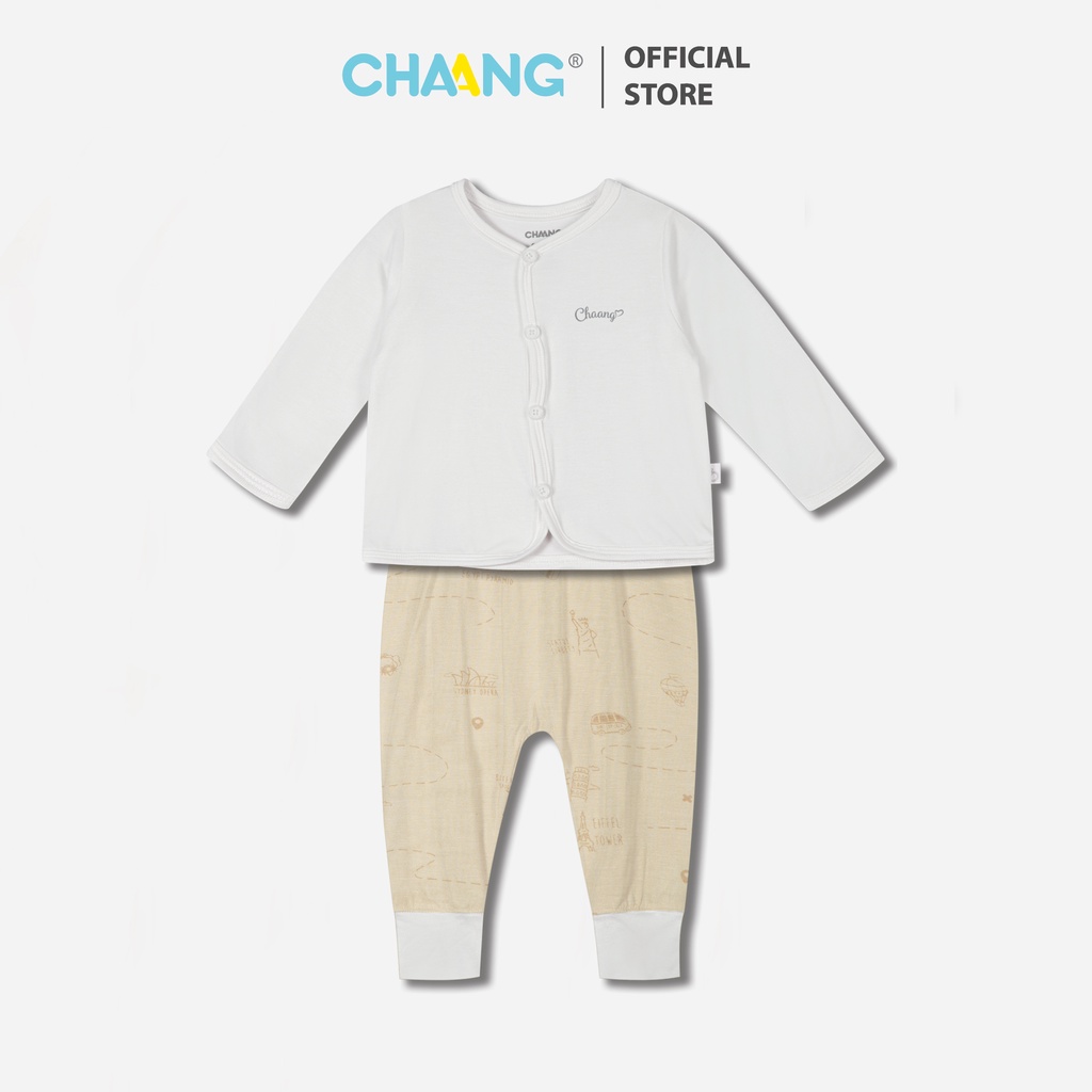 Bộ quần áo dài cúc giữa Jungle trắng CHAANG