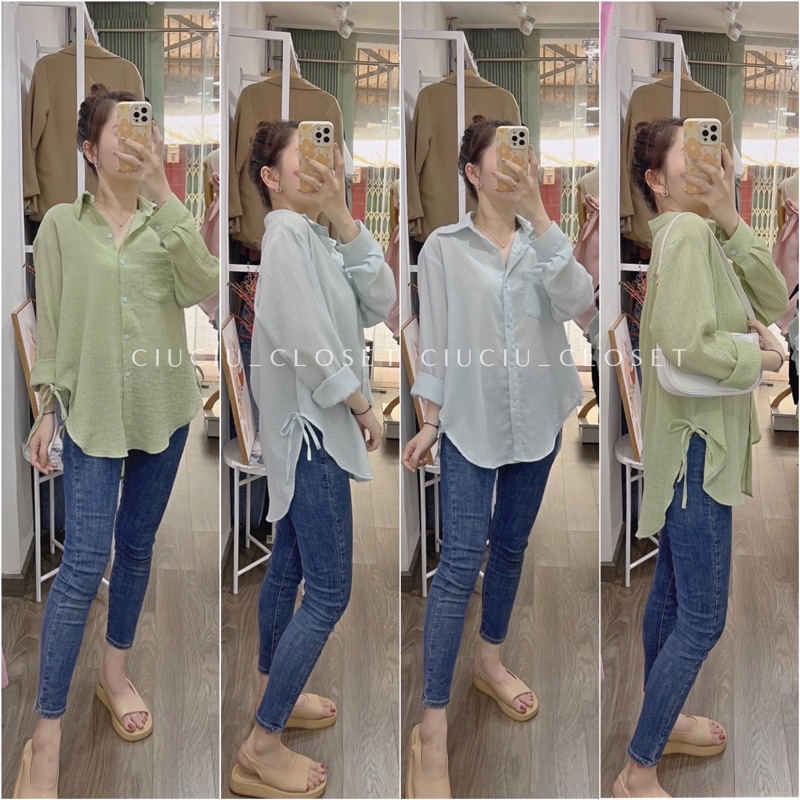 Áo Sơ Mi Thắt Dây Nơ 2 Bên Vạt Bầu Chất Xốp Màu 2 Màu Xanh Trendy