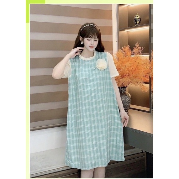 Váy bầu thời trang thiết kế MAMADRESS chất đũi lụa có HOA NGỰC mềm mại, nhẹ nhàng và mát V14