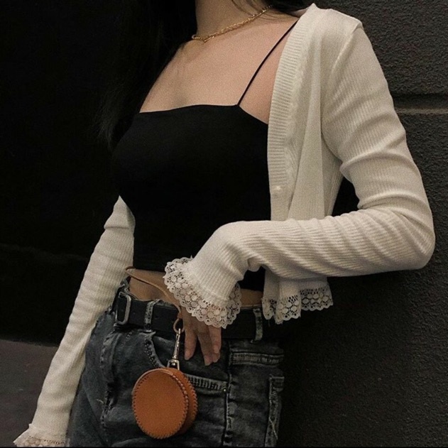 Áo Croptop Tay Dài Cổ Tim phối ren Kiểu Nữ Ôm Body Sexy Ulzzang GUVIA