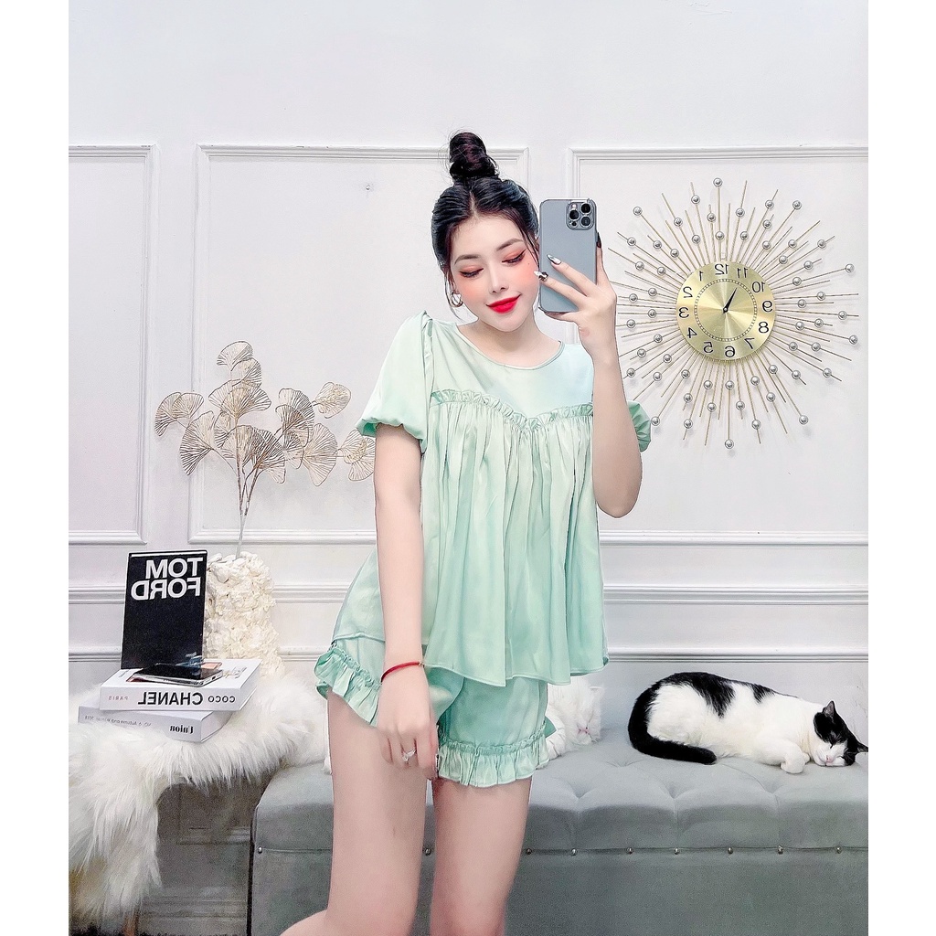 (Fressize shp 50k) Đồ Bộ  Nhistore Lua Latin  Áo Tay Phồng Viền Quần Ngắn Bèo Có Túi Freesize Dưới 57kg