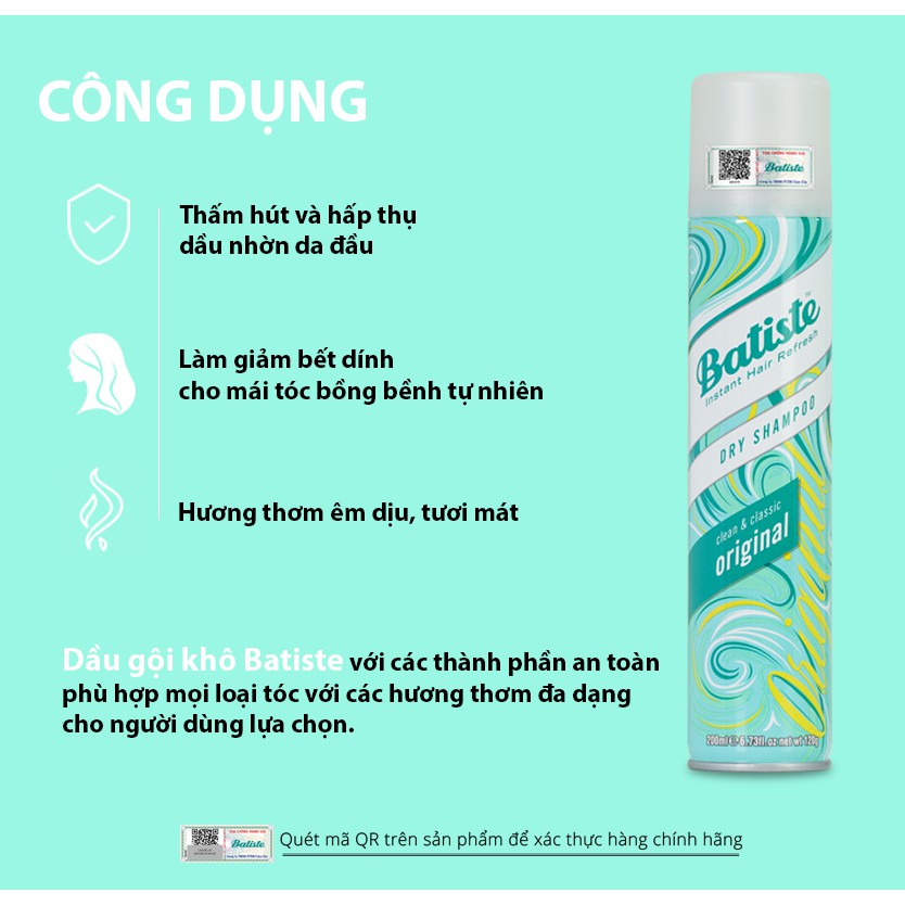 Dầu Gội Khô Batiste 200ml, Batiste 50ml Dry Shampoo Gội khô Anh Chính Hãng 100% UK