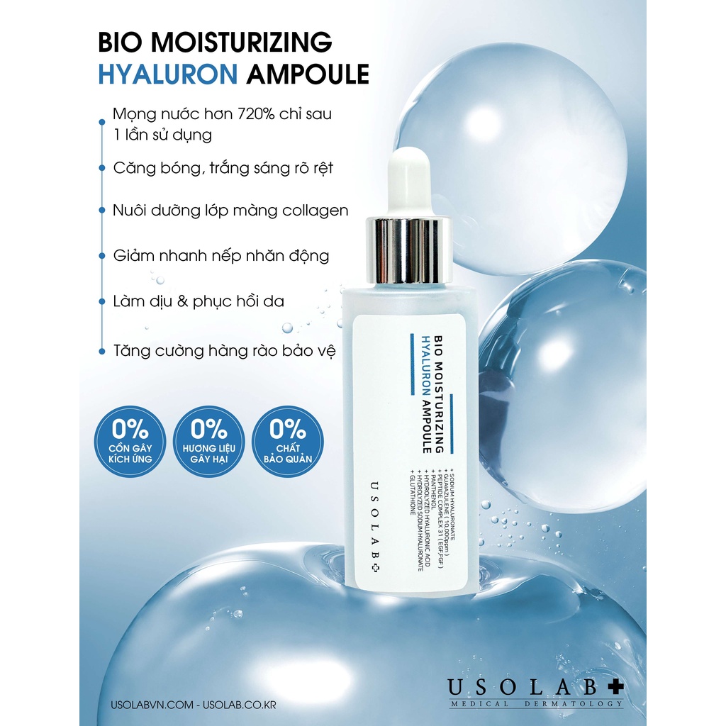 Serum HA Usolab Bio Moisturizing Hyaluron Ampoule - Tinh chất căng bóng HA thủy phân 50ml