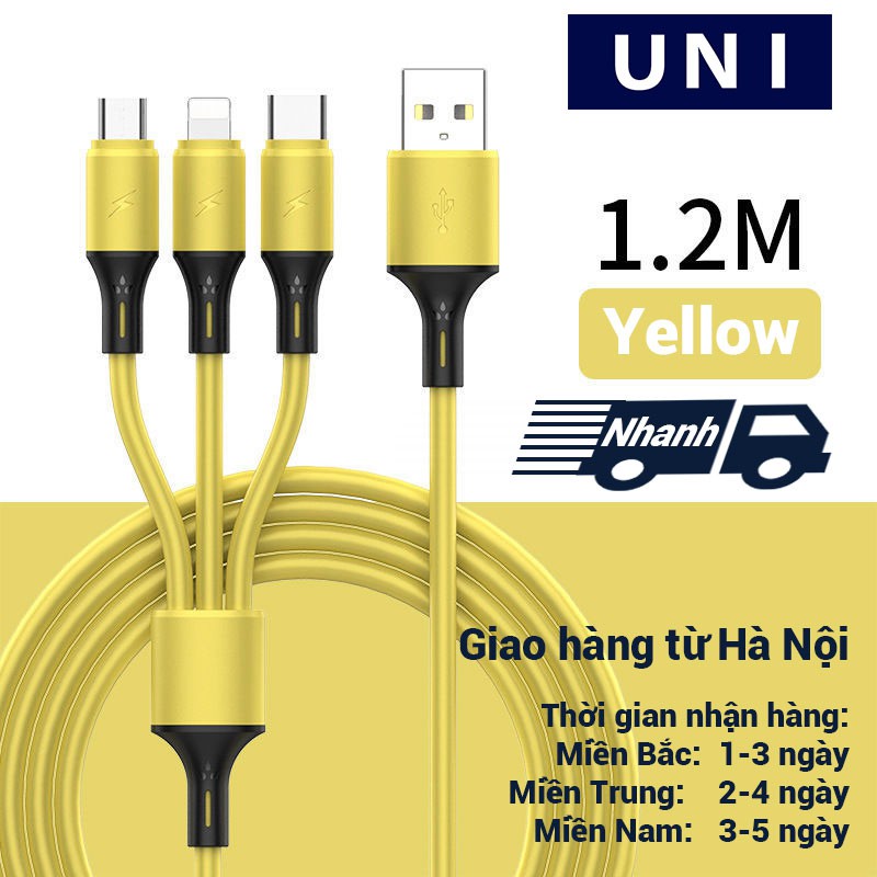 【UNI】Dây cáp sạc 3 in1  nhiều cổng sạc USB micro type C lightning 3 trong 1 cho điện thoại iPhone Samsung Huawei dài 1.2