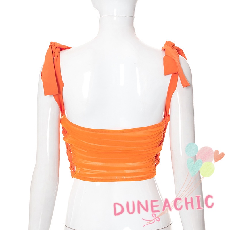 DUNEA Áo Hai Dây Croptop Phối Lưới Xếp Ly Xinh Xắn Cho Nữ
