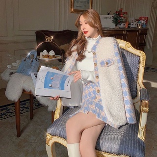 Set dạ tweed tiểu thư lông cừu sọc xanh dương phong cách sang chảnh