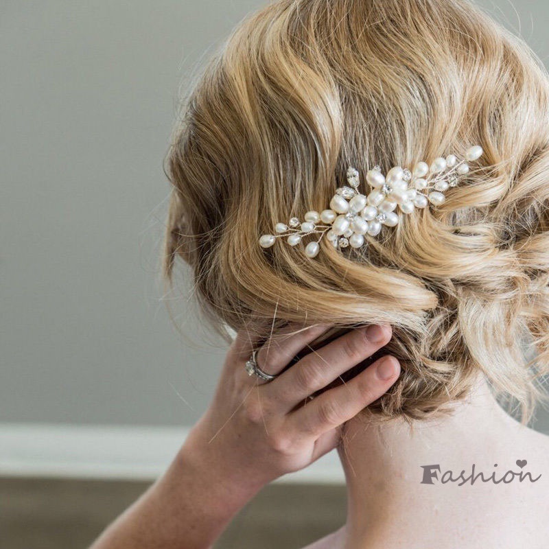 Trâm Cài Tóc Hình Hoa Đính Ngọc Trai Pha Lê Cho Cô Dâu