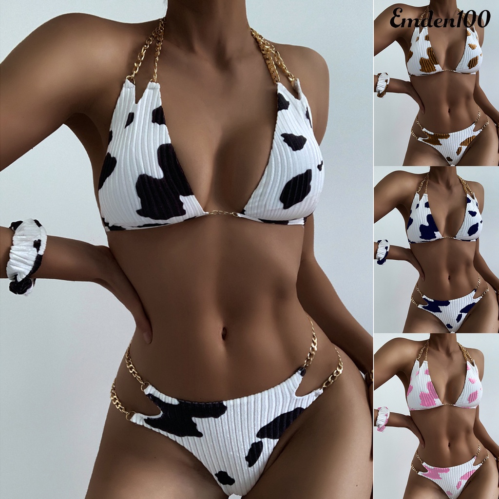Bộ Đồ Bơi Bikini 3 Món Hở Lưng Họa Tiết Bò Sữa Phối Dây Xích Kim Loại Thời Trang Mùa Hè Cho Nữ