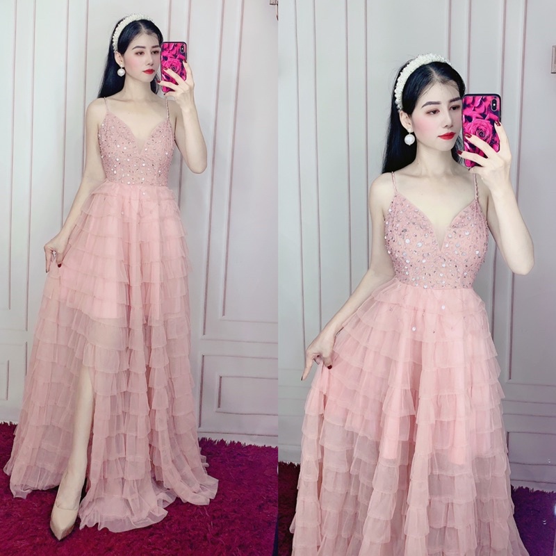 Đầm maxi 2 dây xếp xếp tâng kết kim sa sang trọng xẻ đùi TRIPBLE T DRESS - SIZE M/L - MS268V