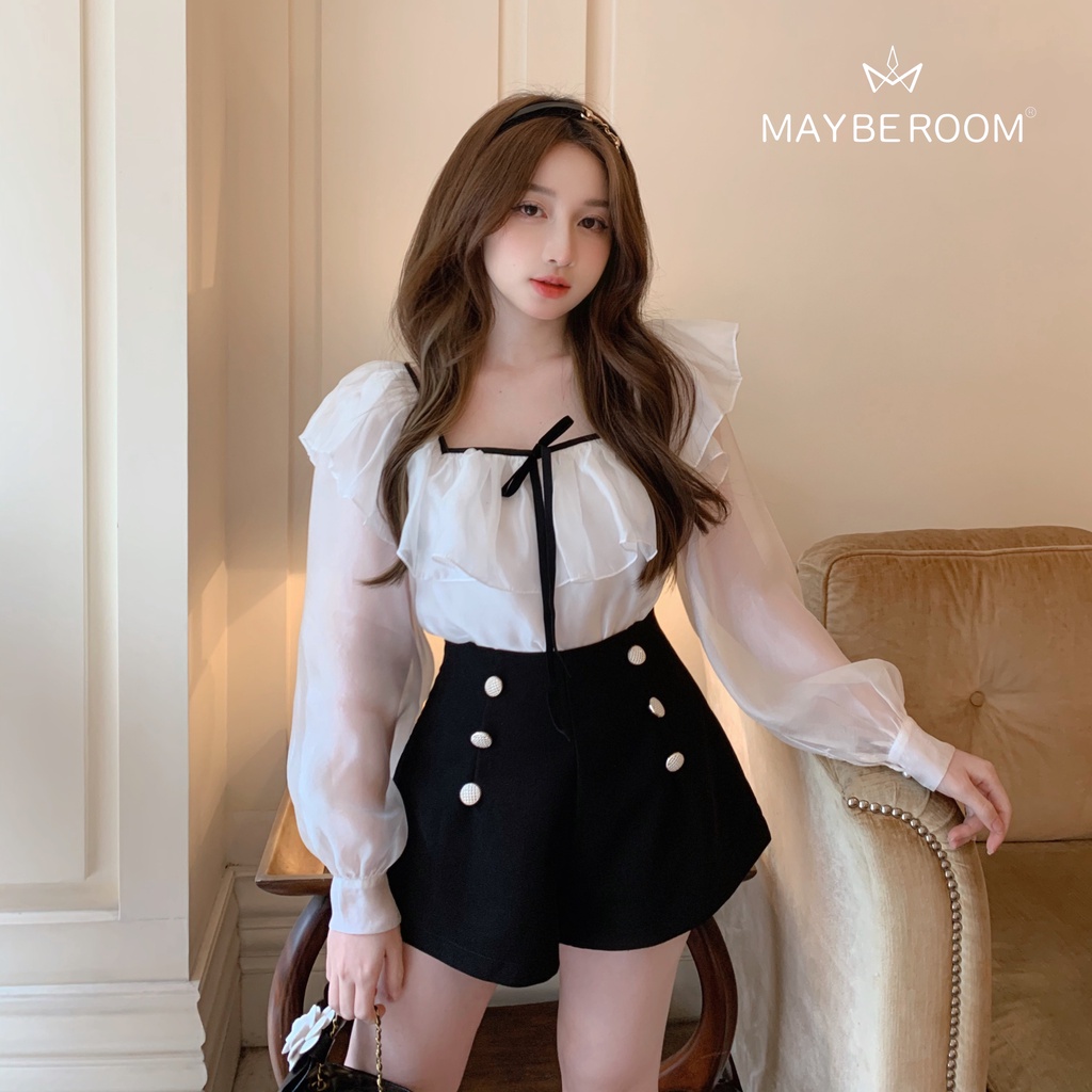 Quần short thiết kế dáng suông chữ A cạp cao đen lì Charmie Bottom Mayberoom