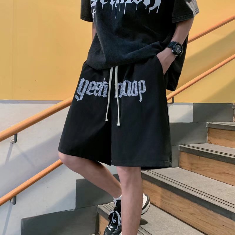 Quần Short Thể Thao Ống Rộng Màu Trơn Phối Dây Rút In Chữ Thời Trang Hàn Quốc Cho Nam