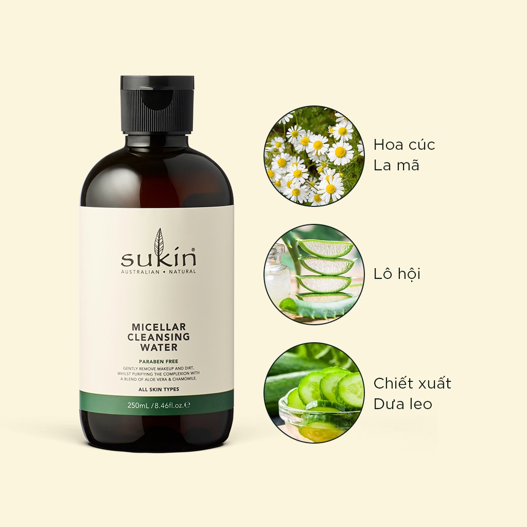 Sukin Nước Tẩy Trang Micellar Cleansing Water 250ml - Tặng kèm bông tẩy trang