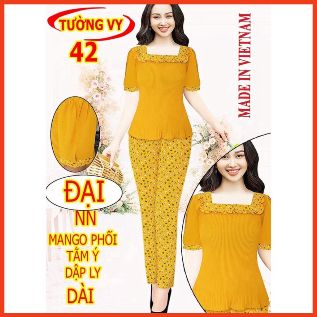 ĐỒ BỘ LỤA ĐẠI MANGO PHỐI TẰM Ý DẬP LY  DÀI, TAY NGẮN MỀM, MỊN, THOÁNG KHÍ, KHÔNG NHĂN, KHÔNG CO RÚT ( CÓ Size Đại ) loại