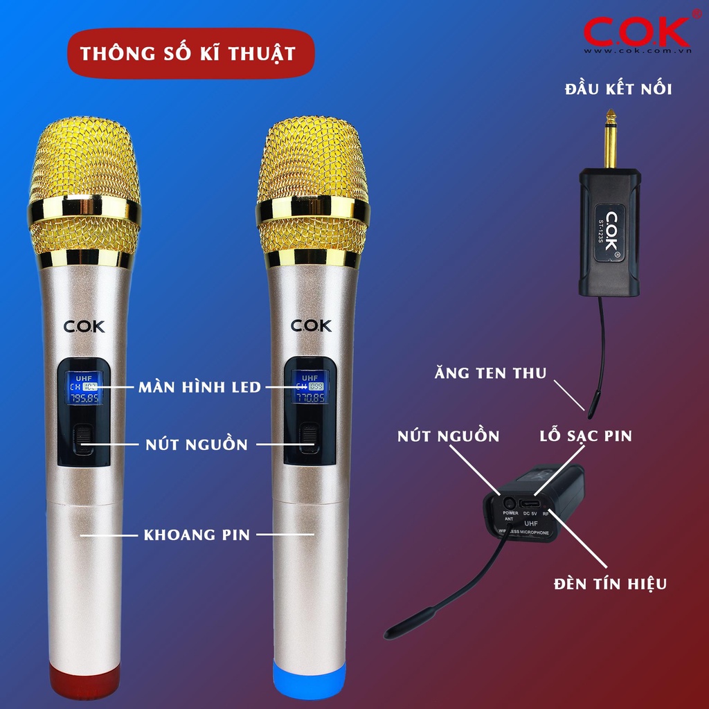Bộ 2 micro Karaoke không dây đa năng - Micro karaoke cho loa kéo, dàn amply - Micro karaoke UHF COK