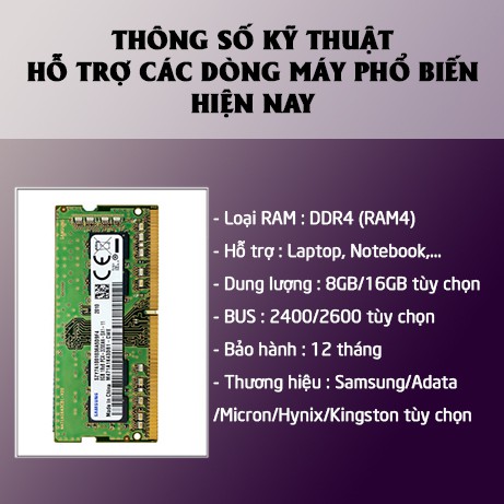 RAM DDR4 8GB bus 2133/2400/2666 MHz Laptop Samsung/HYNIX/Kingston - Bảo Hành 1 năm