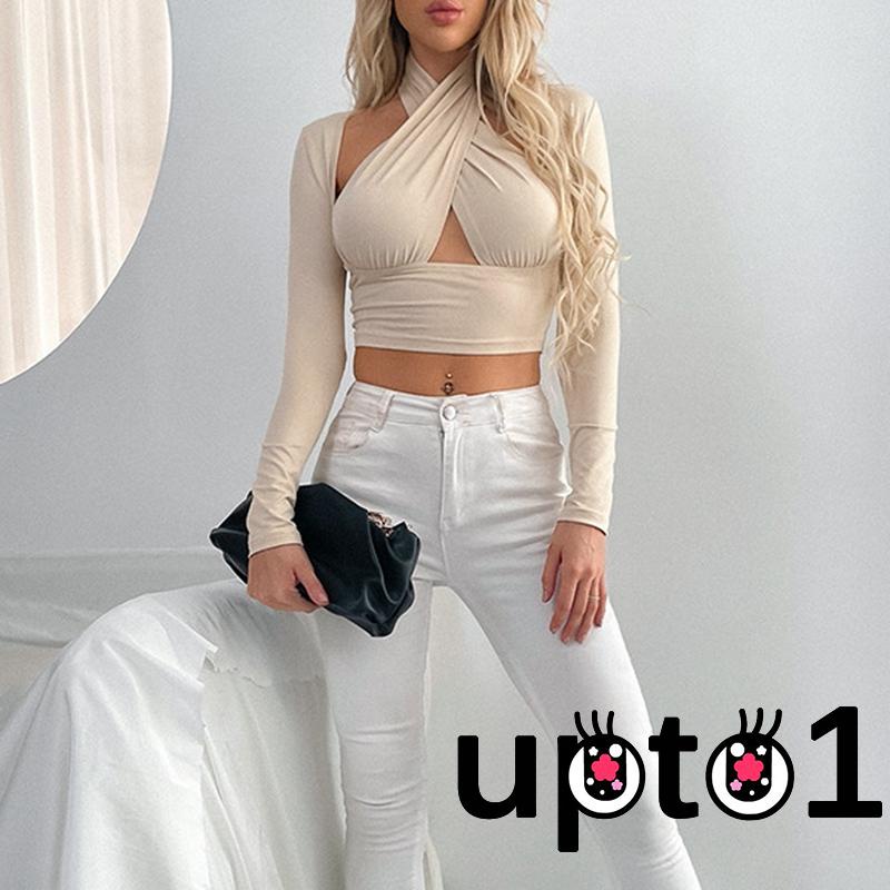 Áo thun dáng ngắn tay dài khoét vai màu trơn thời trang dành cho nữ