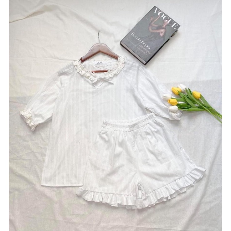 Bộ đồ mặc nhà - Bộ ngủ vải thô viền ren Ulzzang hai màu