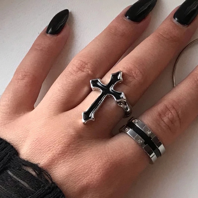 Nhẫn Hở Hình Chữ Thập Lớn Màu Đen Cổ Điển Có Thể Điều Chỉnh Phong Cách Gothic Punk Đường Phố Đáng Yêu Làm Quà Tặng Cho Bạn Nam/Nữ