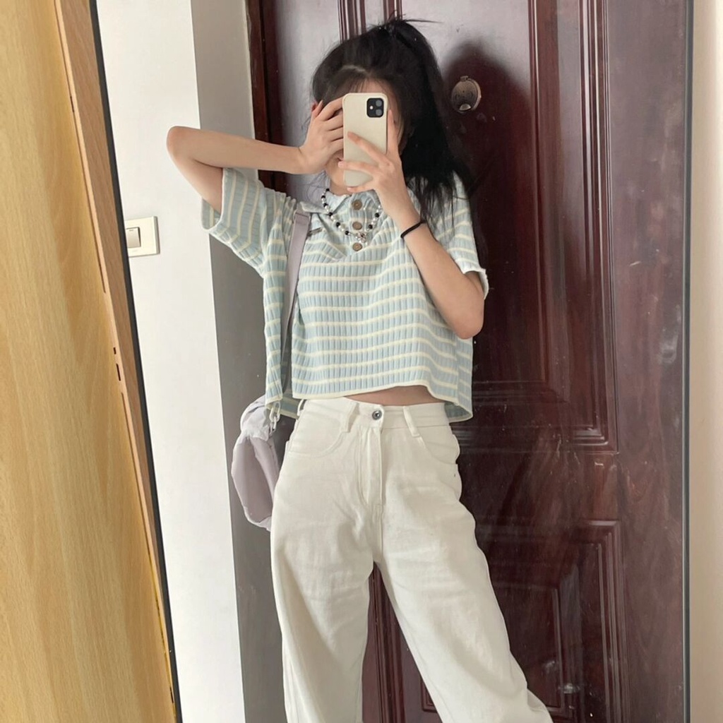 Áo polo dệt kim SUXI tay ngắn dáng rộng họa tiết kẻ sọc thời trang mùa hè cho nữ